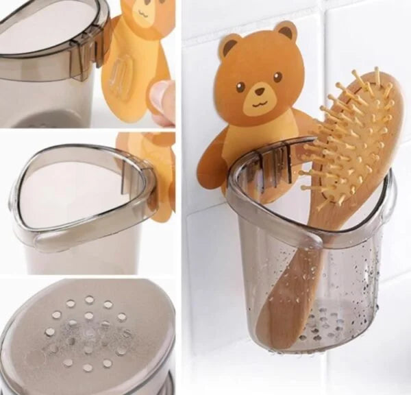 Bear Toothbrush Holder With Cup Wall Mounted Toothpaste Organizer