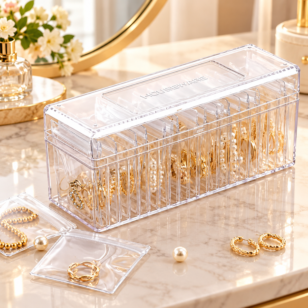 1. Clear Jewelry Storage Box with 20 Pouches – Vanity Organizer