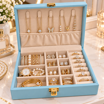 1. Elegant Jewelry Organizer Case – Blue Box with Multiple Compartments