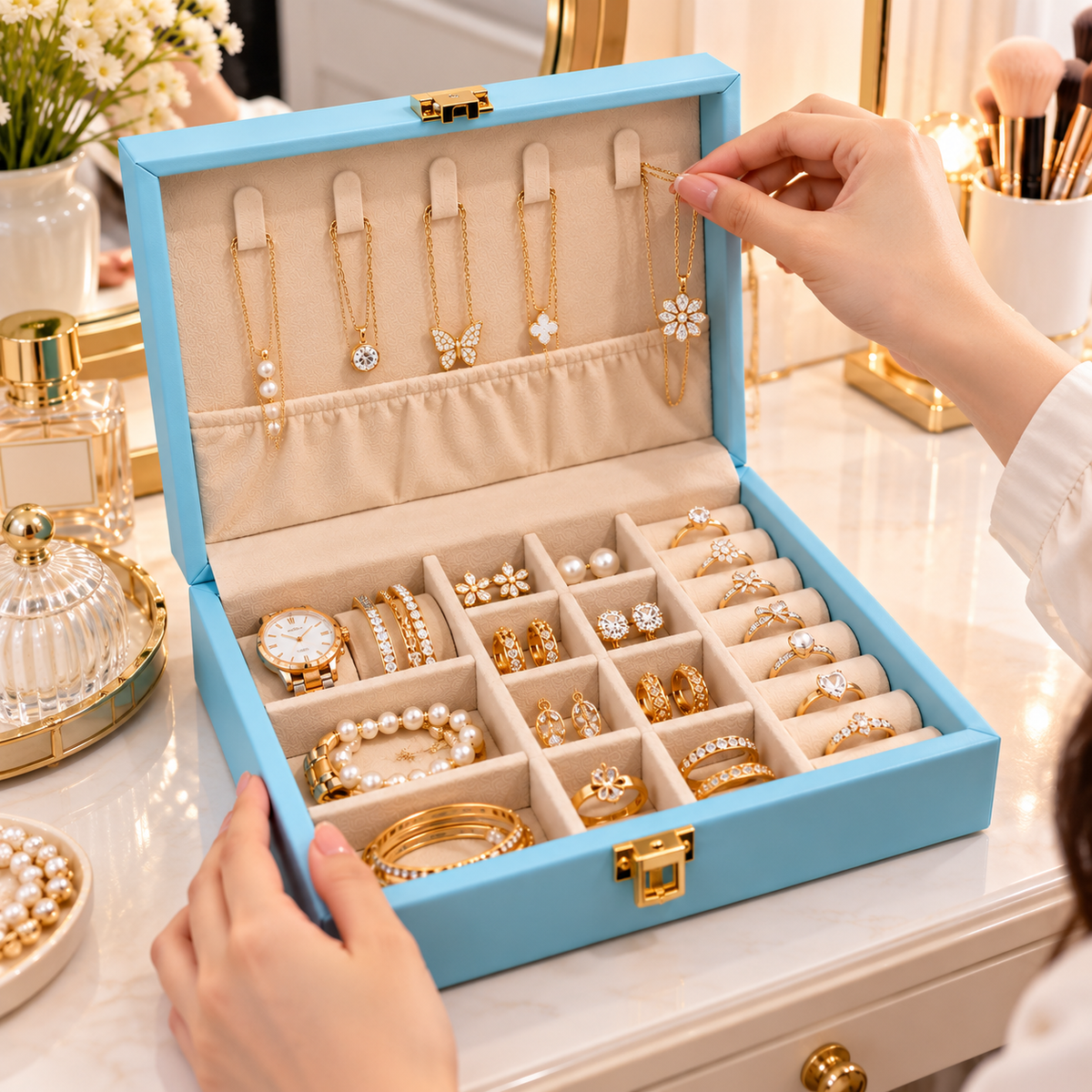 1. Elegant Jewelry Organizer Case – Blue Box with Multiple Compartments