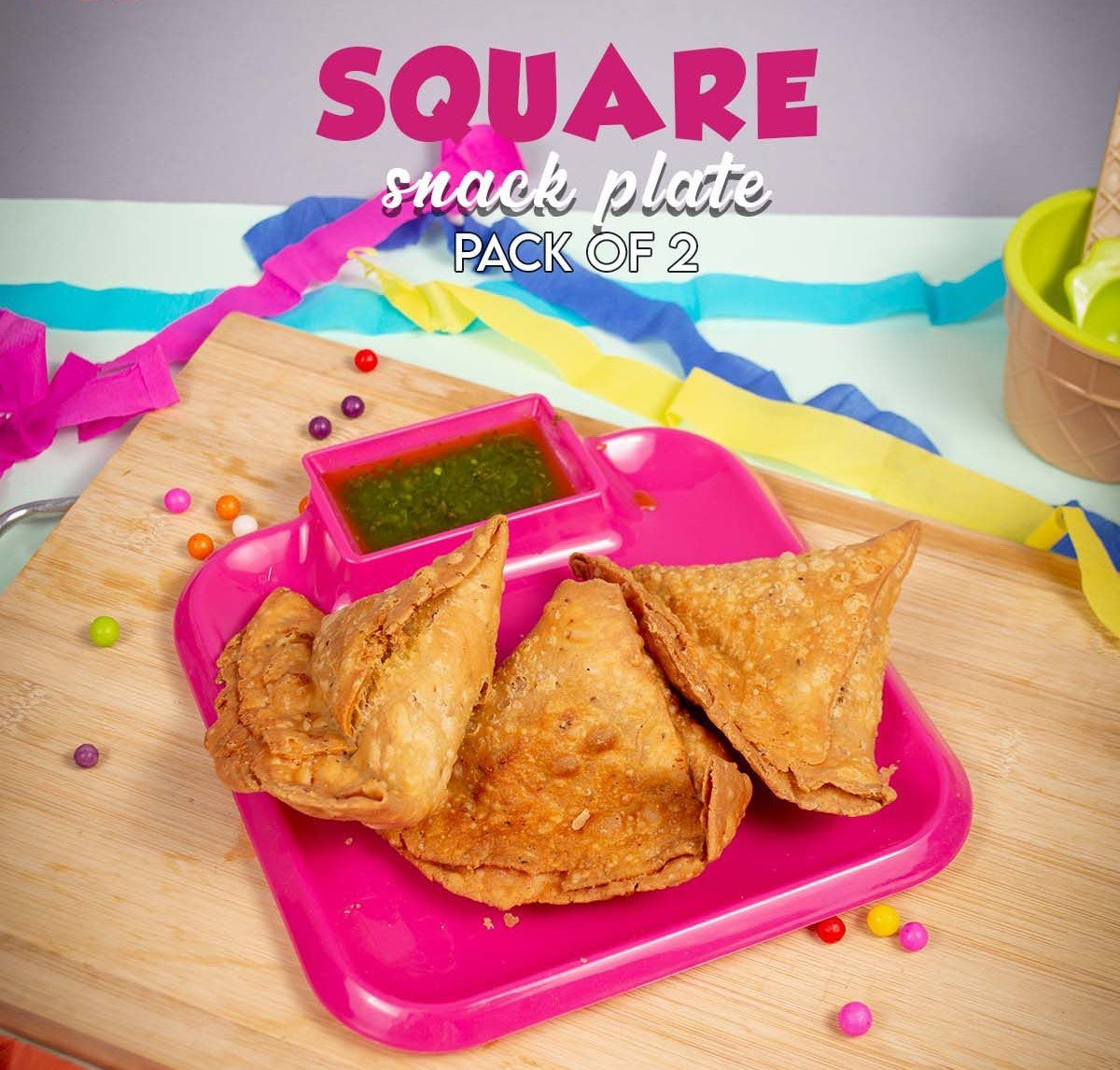 Pack of 2 square snack plate with dip space