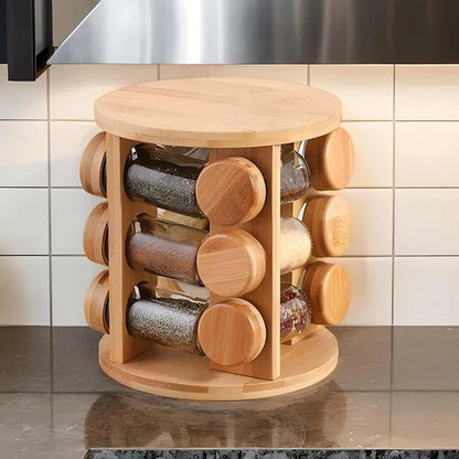 360-Degree Rotating Spice Rack – Wooden Kitchen Seasoning Organizer