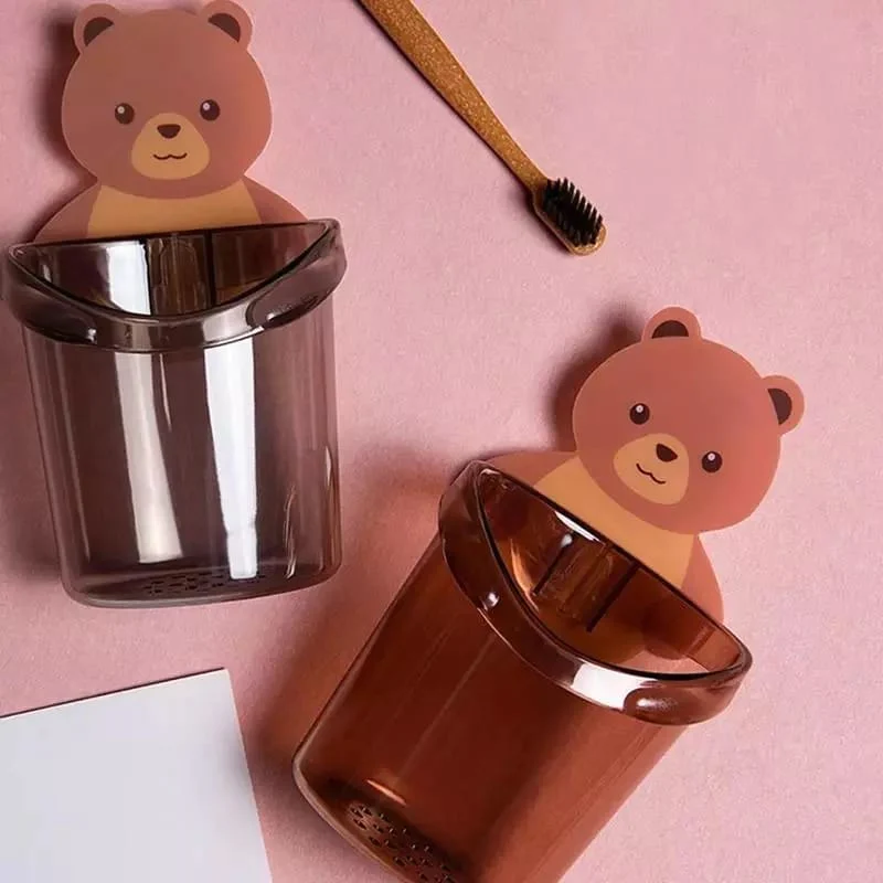 Bear Toothbrush Holder With Cup Wall Mounted Toothpaste Organizer