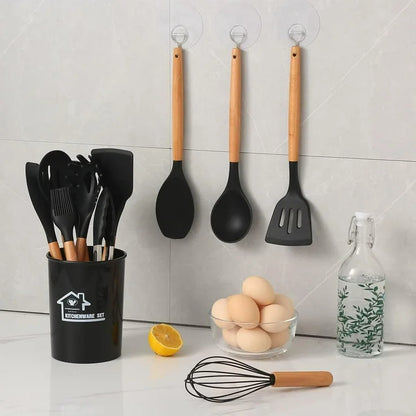 12 Pcs Silicone Wooden Handle Utensils