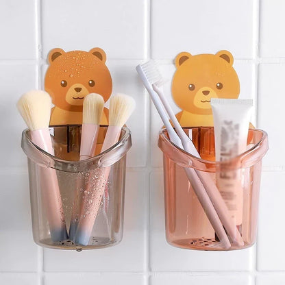 Bear Toothbrush Holder With Cup Wall Mounted Toothpaste Organizer