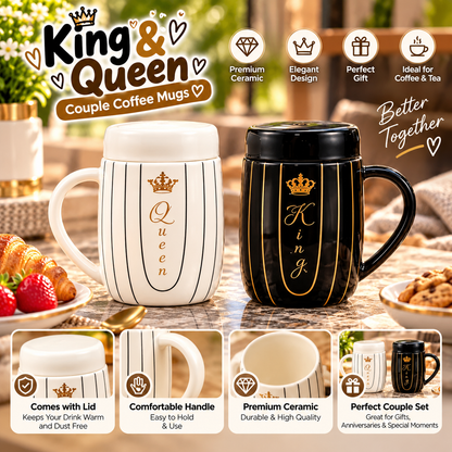 2Pcs Couple Ceramic Mugs Matching King & Queen Coffee Cups