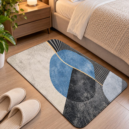 Abstract Geometric Floor Mat Blue Grey & Beige Design (22x15Inch)