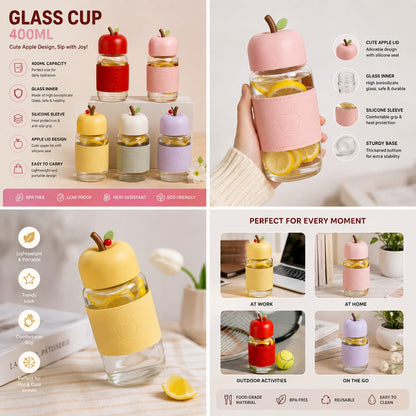 Aesthetic Apple Design Water Bottle – 400ML Borosilicate Glass Bottle