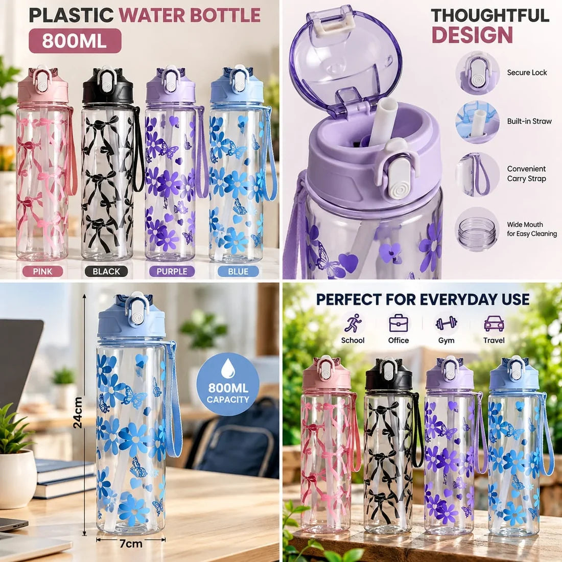 800ML Bow Design Water Bottle Reusable Bottle With Carry Strap