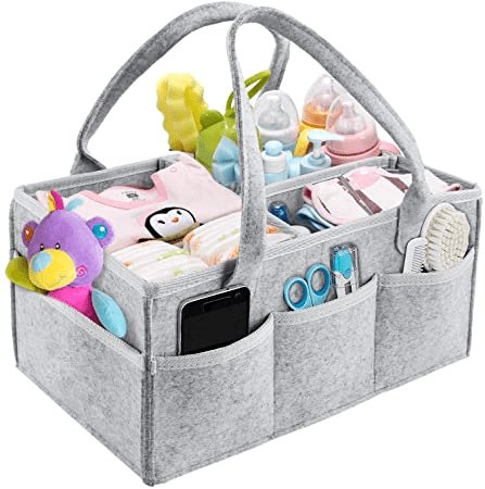 Baby Diaper Caddy Organizer, Foldable Felt Storage Bag with Multi Pockets