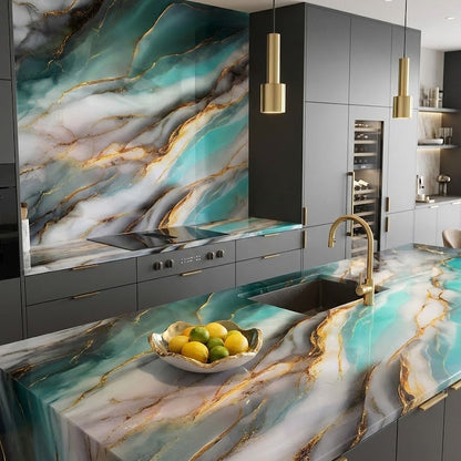 Contemporary Teal & Gold Marble Decorative Film