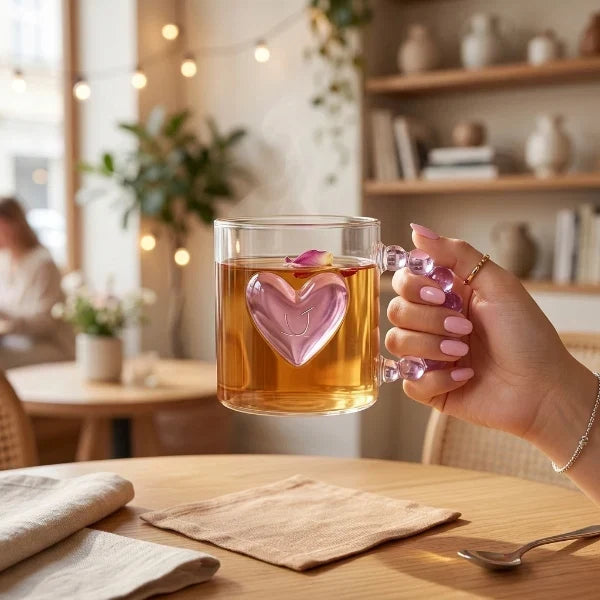 Cute Heart Glass Mug with Decorative Bead Handle – Perfect Gift for Her