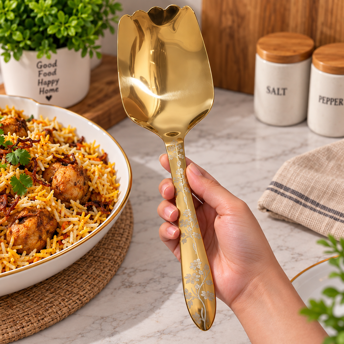 Elegant Golden Kitchen Serving Spoon ??Floral Design Stainless Steel Spoon