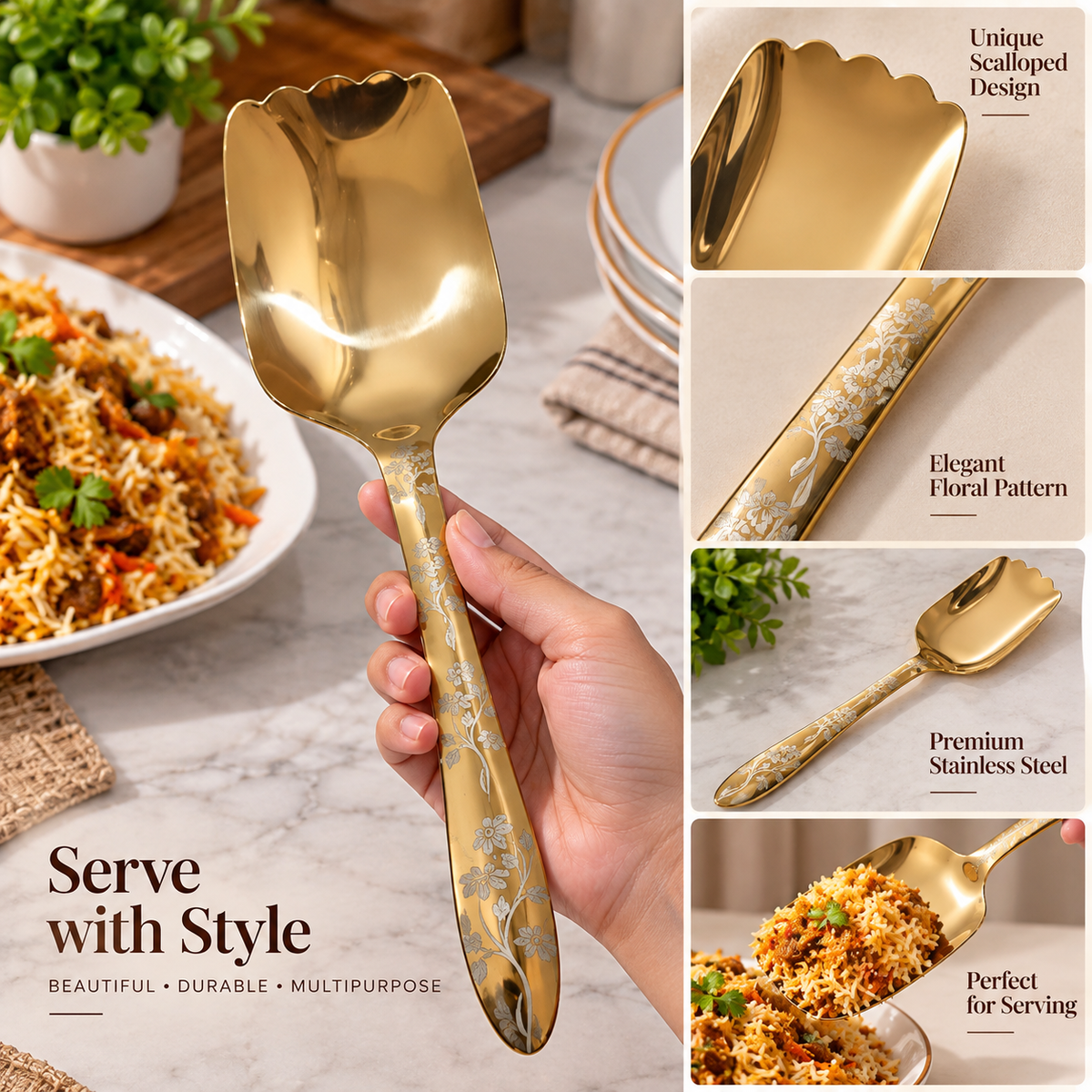 Elegant Golden Kitchen Serving Spoon ??Floral Design Stainless Steel Spoon
