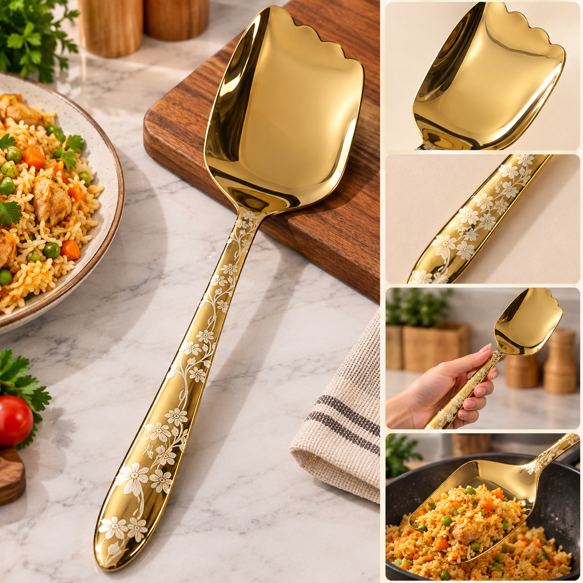 Elegant Golden Kitchen Serving Spoon ??Floral Design Stainless Steel Spoon