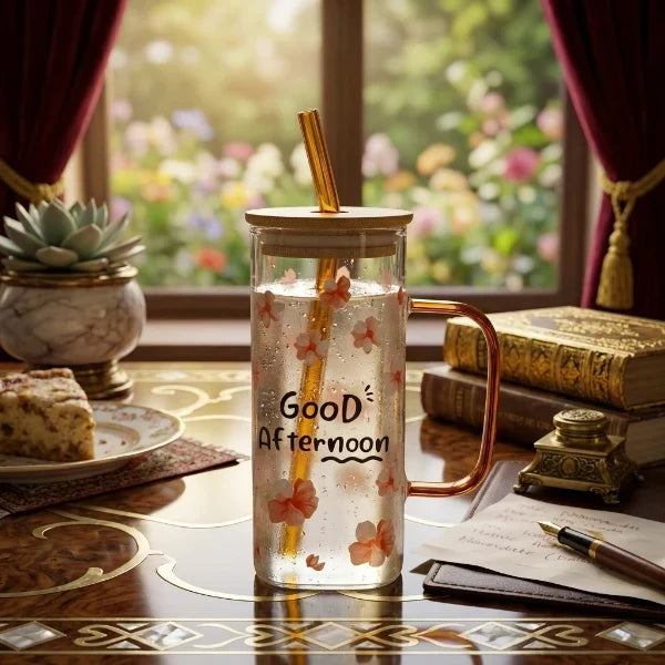 Elegant Greeting Glass Mug with Straw – Stylish Gift for Coffee & Tea Lovers