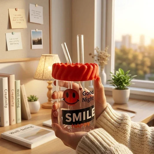 Glass Sipper Bottle With Dual Straws Random Print Drinking Cup