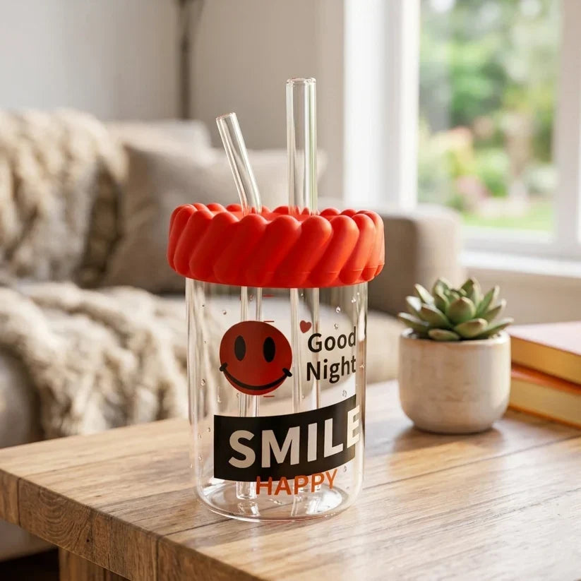 Glass Sipper Bottle With Dual Straws Random Print Drinking Cup