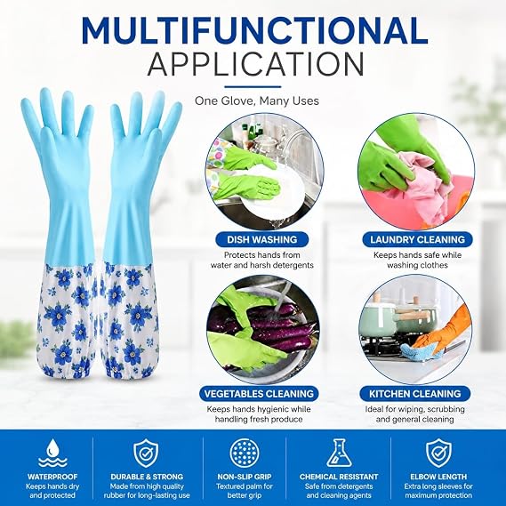 Long Sleeve Rubber Gloves – Kitchen, Bathroom & Cleaning Protection