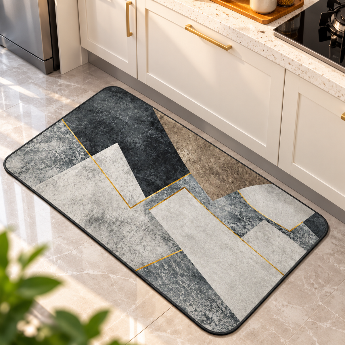 Modern Abstract Floor Mat Grey  Black & Gold Design (22x15Inch)