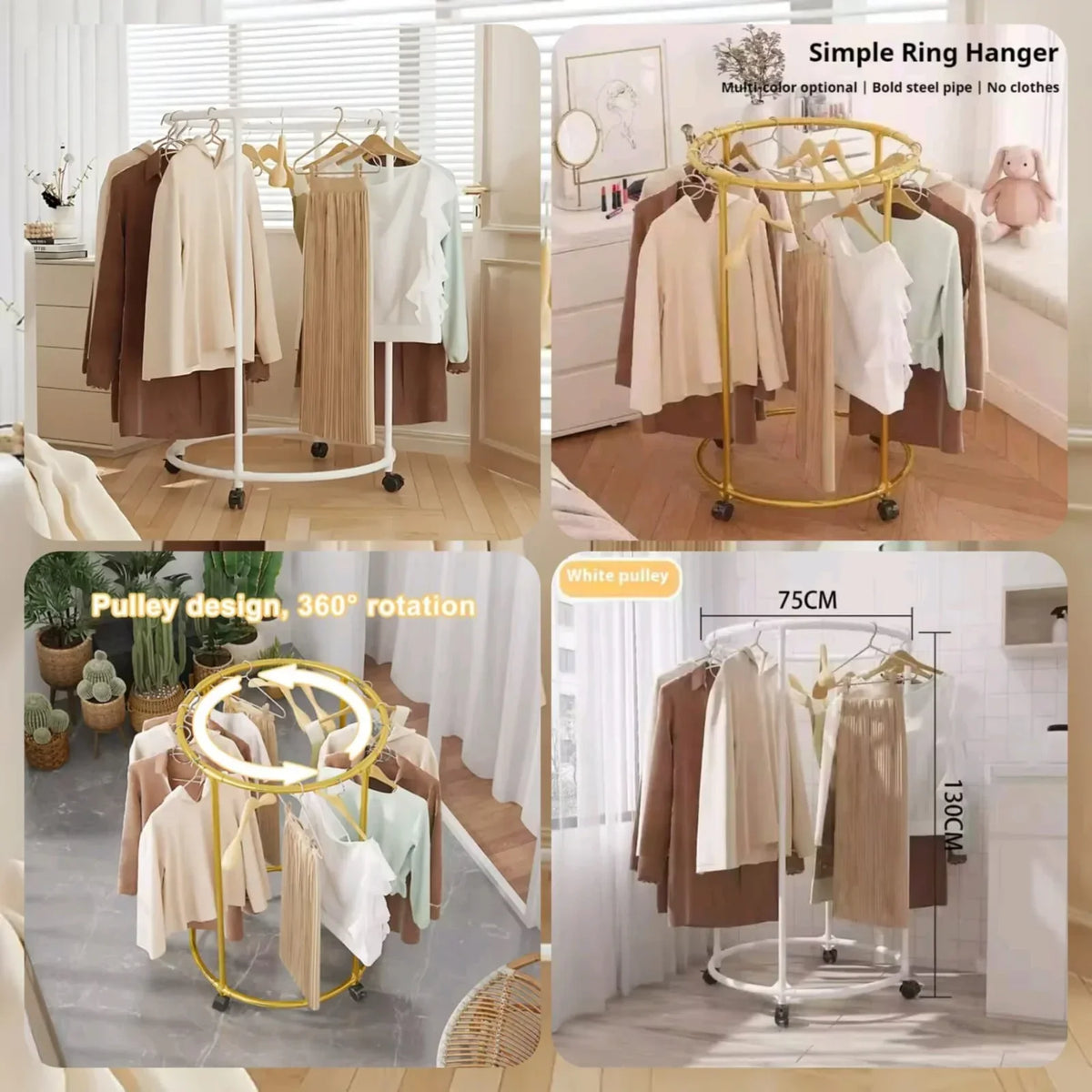 Round Metal Clothes Rack with Wheels – 360° Rotating Garment Stand