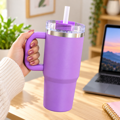 Small Stainless Steel Tumbler Travel Mug With Handle & Straw