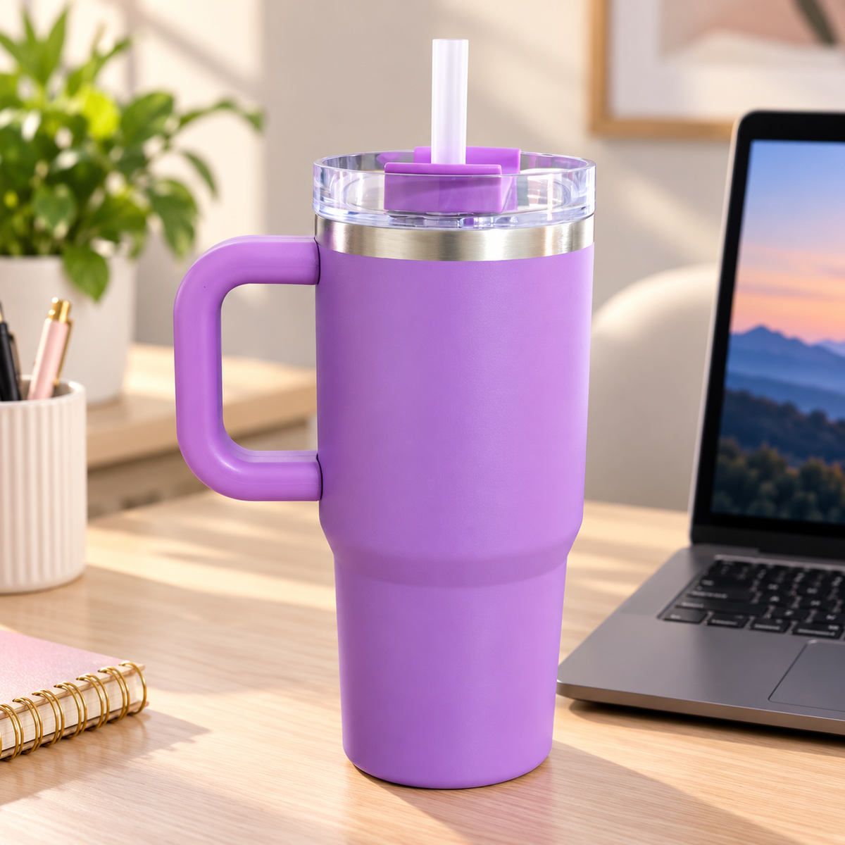 Small Stainless Steel Tumbler Travel Mug With Handle & Straw