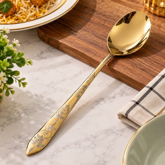 Stainless Steel Gold Serving Spoon Decorative Floral Design