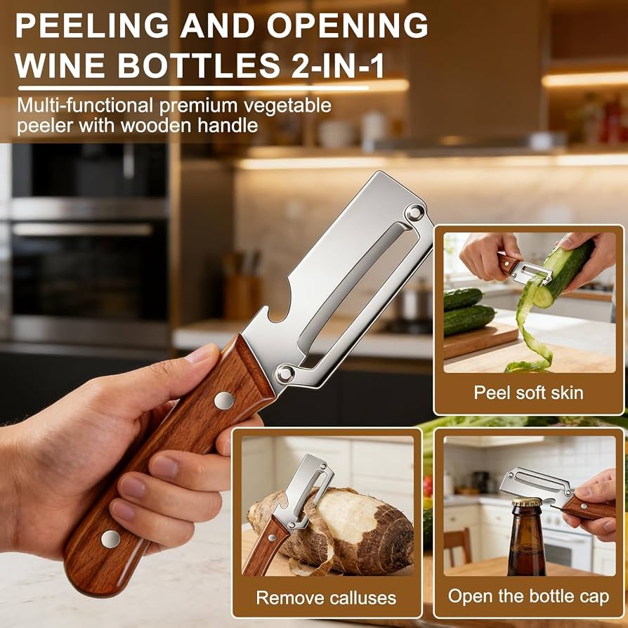 Wooden Handle Vegetable Peeler – 2-in-1 Stainless Steel Fruit Peeling Tool