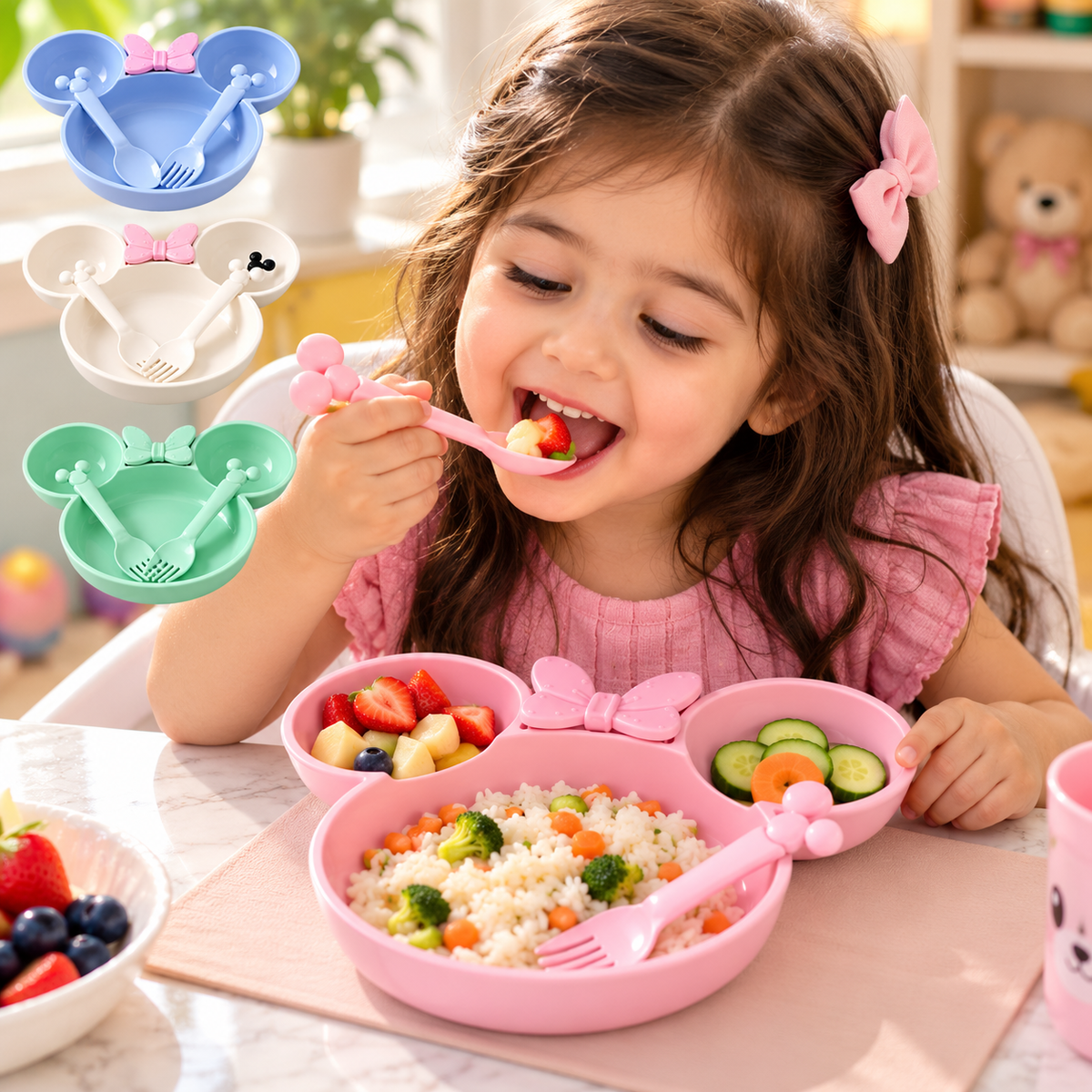 Kids Dinner Set Cute Cartoon Plate Bowl & Cutlery