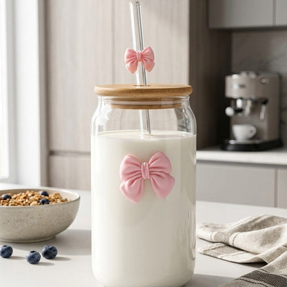 Cute Bow Glass Tumbler With Wooden Lid & Glass Straw