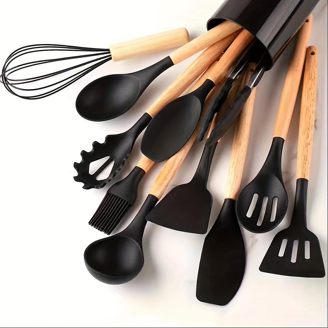 12 Pcs Silicone Wooden Handle Utensils